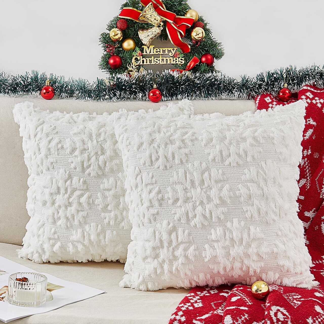 Christmas Pillow Covers 18" x 18" Set of 2, Soft Plush Faux Rabbit Fur with 3D Embroidery Snowflake Design, Throw Pillow Covers for Sofa, Winter Holiday Christmas Decor,Skin-Friendly